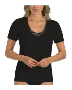 Entex onderblouse korte mouw zwart, 10% wol met kant